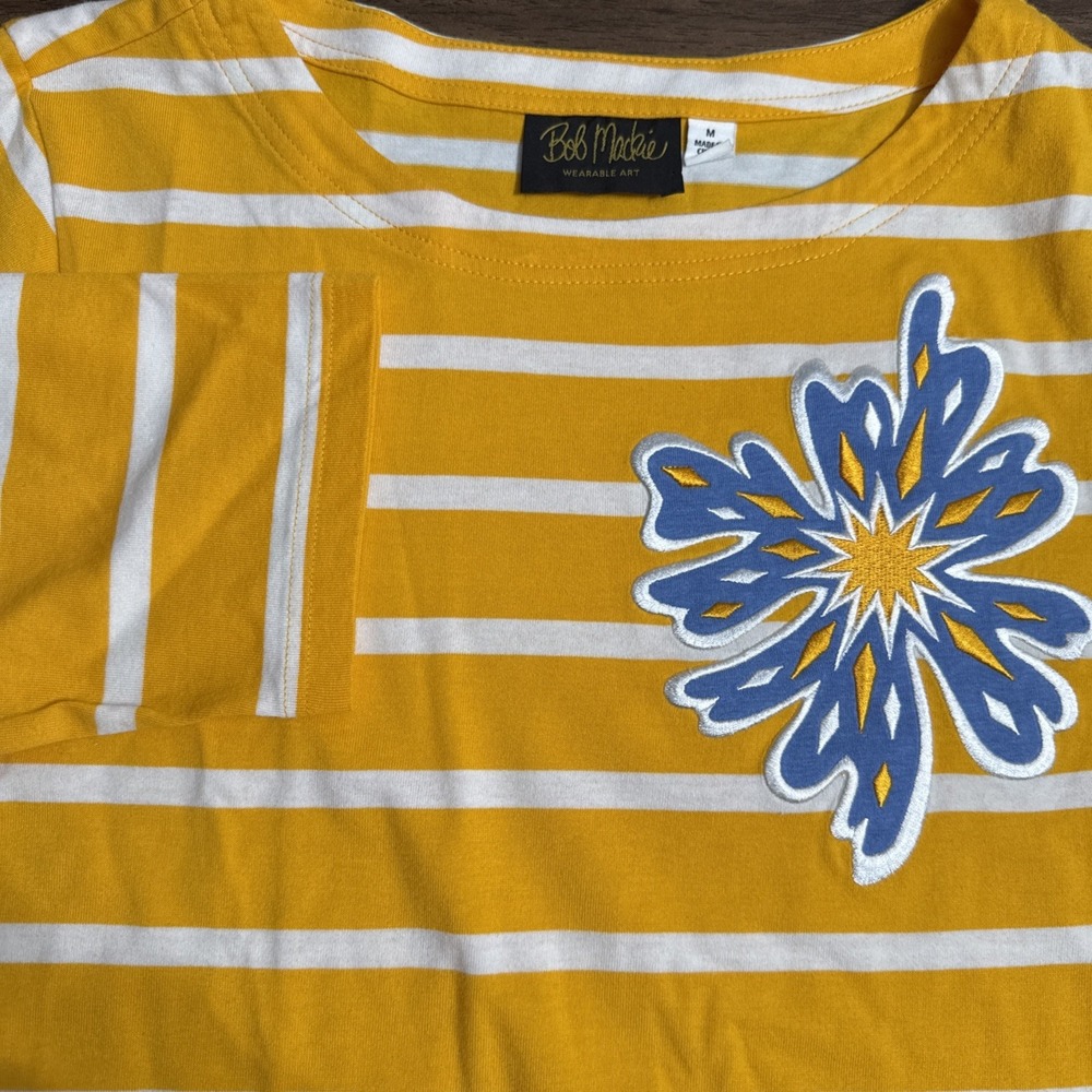 Bob Mackie Wearable Art Yellow Gold Striped Embroidered Floral 3/4 Sleeve‎ M